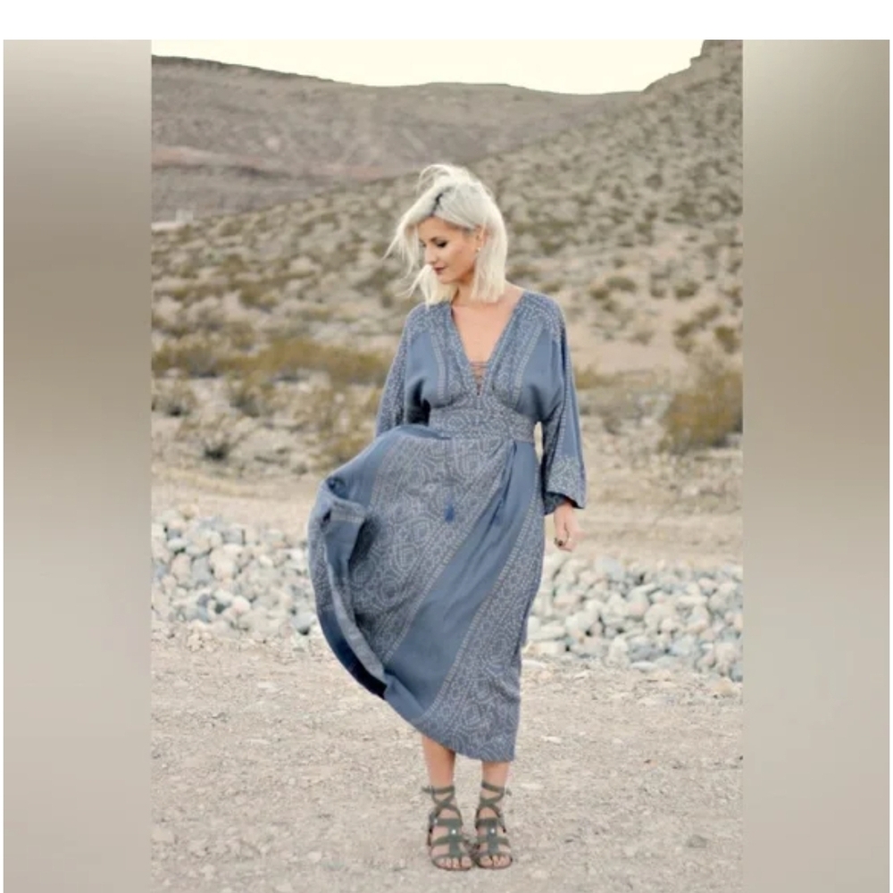 Free People Blue Bohemian Midi Dress Sz4 - Picture 2 of 8